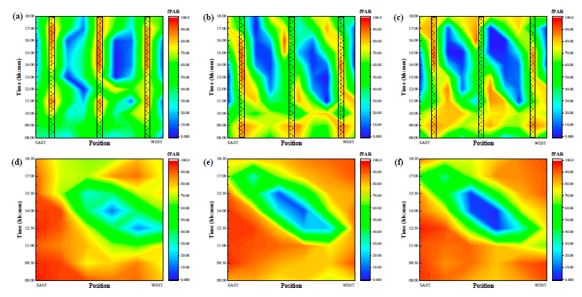 . Evolution of LI in the SHD (a,b,c) and open-center trained trees (d,e,f) along a day in three different dates: June 24 (a,d), July 25 (b,e) and 31 2019 (c,f). The hedgerows are represented as semi-transparent rectangles. In the case of open-center trees, only the space between two consecutive trees is shown (trunks correspond to the beginning and the end