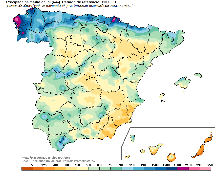 Figura 7. Mapa pluviométrico de España con cinco clases de pluviometría. Fuente: Iglesias, 2020.