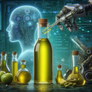 Olive Oil Bottle with some technological elements related to AI